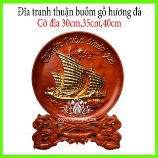 Tranh đĩa đục thuyền rát vàng-Tranh tròn nguyên khối gỗ hương 3 cỡ đĩa 30,35,40