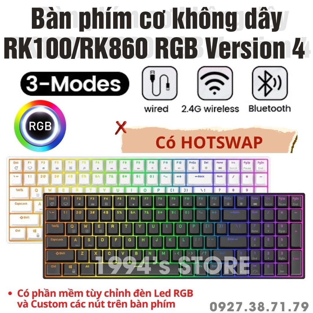 RK860 Version 4 HOTSWAP - Bàn phím cơ không dây RK100 RK860 Bluetooth 5.1 + Wireless 2.4G + Type C + Phần mềm để Custom