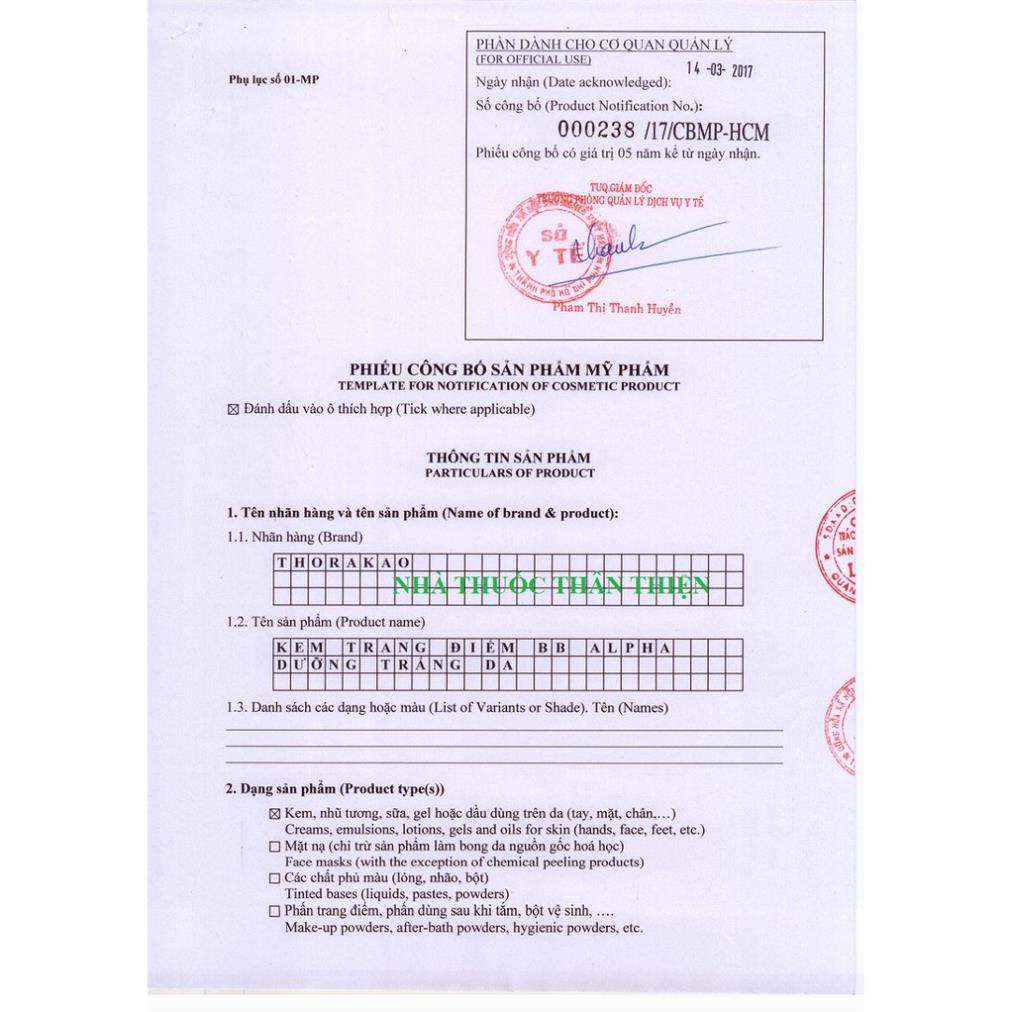 KEM TRANG ĐIỂM BB ALPHA DƯỠNG TRẮNG DA THORAKAO (Lọ 30G)