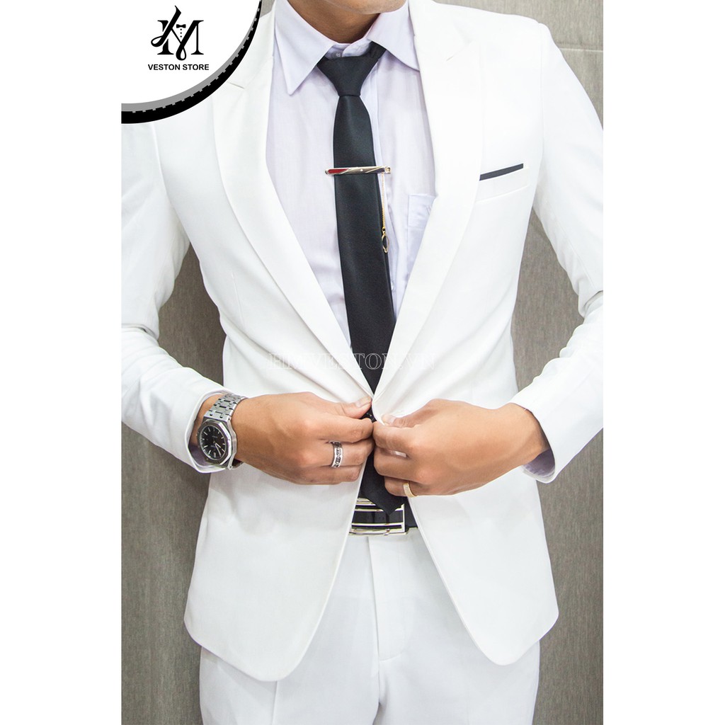 Bộ vest nam ôm body màu trắng tặng kèm cà vạt kẹp