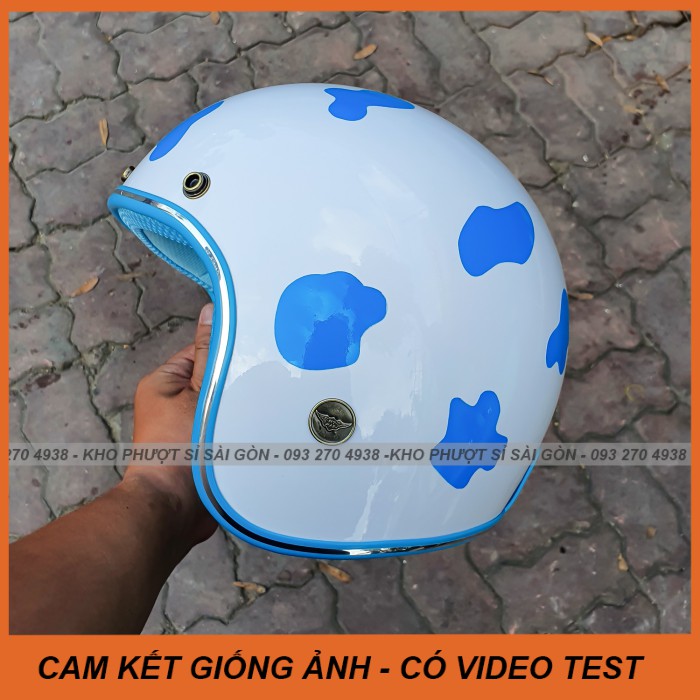 GIỐNG ẢNH - Mũ 3/4 Trắng lót xanh dương dán Sticker bò sữa đốm xanh cho nữ - Nón bảo hiểm 3/4 trắng lót xanh biển bò sữa