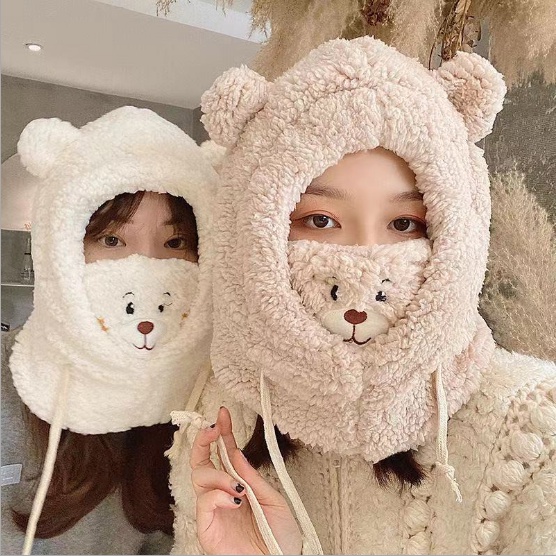MŨ LEN LÔNG CỪU TRÙM TAI KÈM KHẨU TRANG HÌNH GẤU