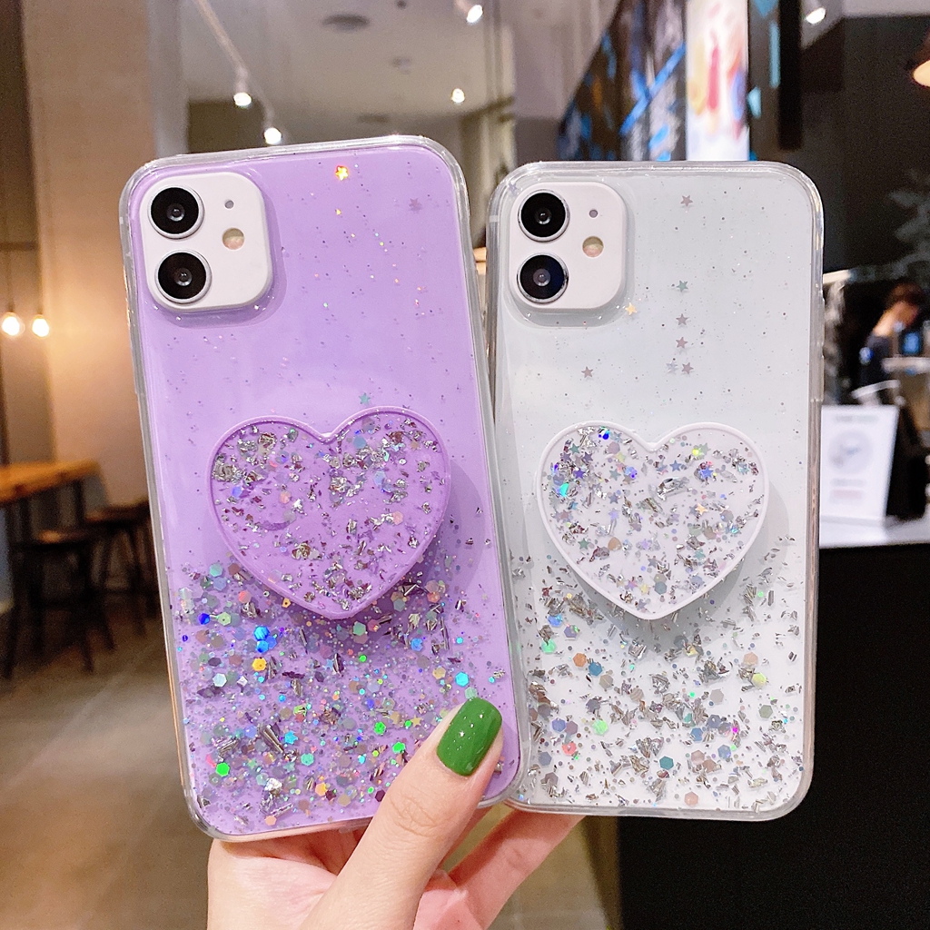 Huawei P40 Pro Plus Nova 3i 7 SE 5 Y5P Honor 30 Pro 30S Play 3 Glitter Silver Foil Love Heart TPU Phone Covers Bling Stars Starry Sky Soft Casing With Stand Holder