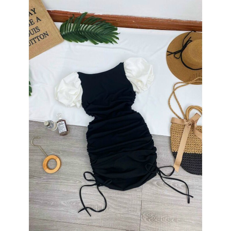 Đầm body tay phồng rút dây hai bên hông xinh xắn