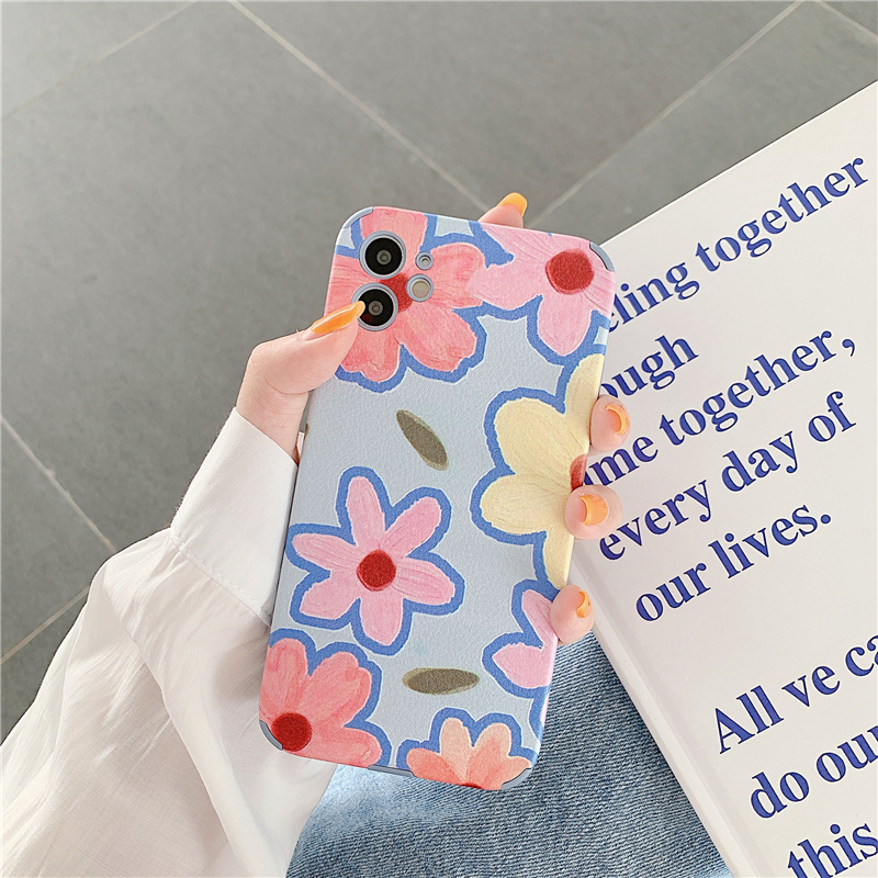 Ốp điện thoại da bảo vệ ống kính hoạ tiết hoa màu xanh dương kiểu tranh sơn dầu cho iPhone 12 Pro Max iP11 X XR | BigBuy360 - bigbuy360.vn