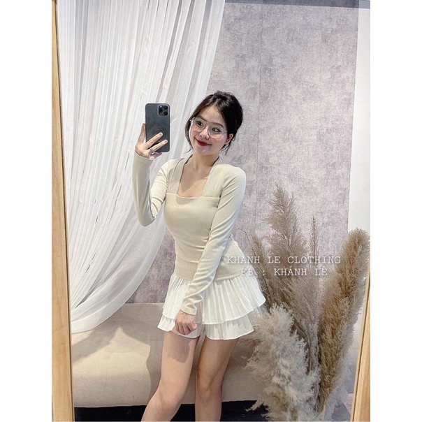 Áo thun Poco cổ vuông dài tay ôm dáng, Áo kiểu cổ U form ôm co giãn PC03 - Nhinhi Shop