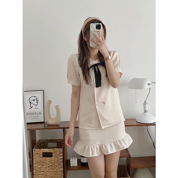 Set bộ đồ nữ Hàn Quốc chất liệu dạ text gồm áo cộc tay thắt nơ kèm chân váy ngắn đuôi cá siêu tiểu thư (TTA142)
