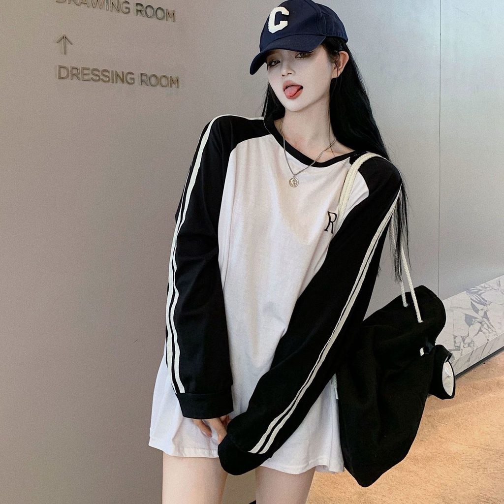 Áo Sơ Mi Tay Dài Oversize Màu Sắc Tương Phản Thời Trang Cho Nữ