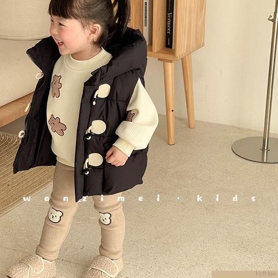 Quần legging vải bông dày giữ ấm mùa đông in hình gấu hoạt hình dễ thương cho bé gái