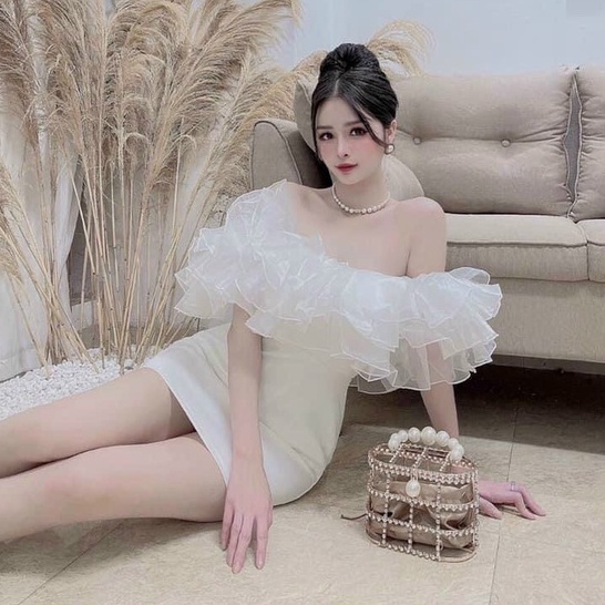 Đầm Dự Tiệc Body Trễ Vai Voan Kiếng Xếp Tầng  (CÓ MÚT NGỰC) 2 Màu Trắng &amp; Đen Sang Chảnh Thời Trang Váy Nữ Xm Minh Phúc