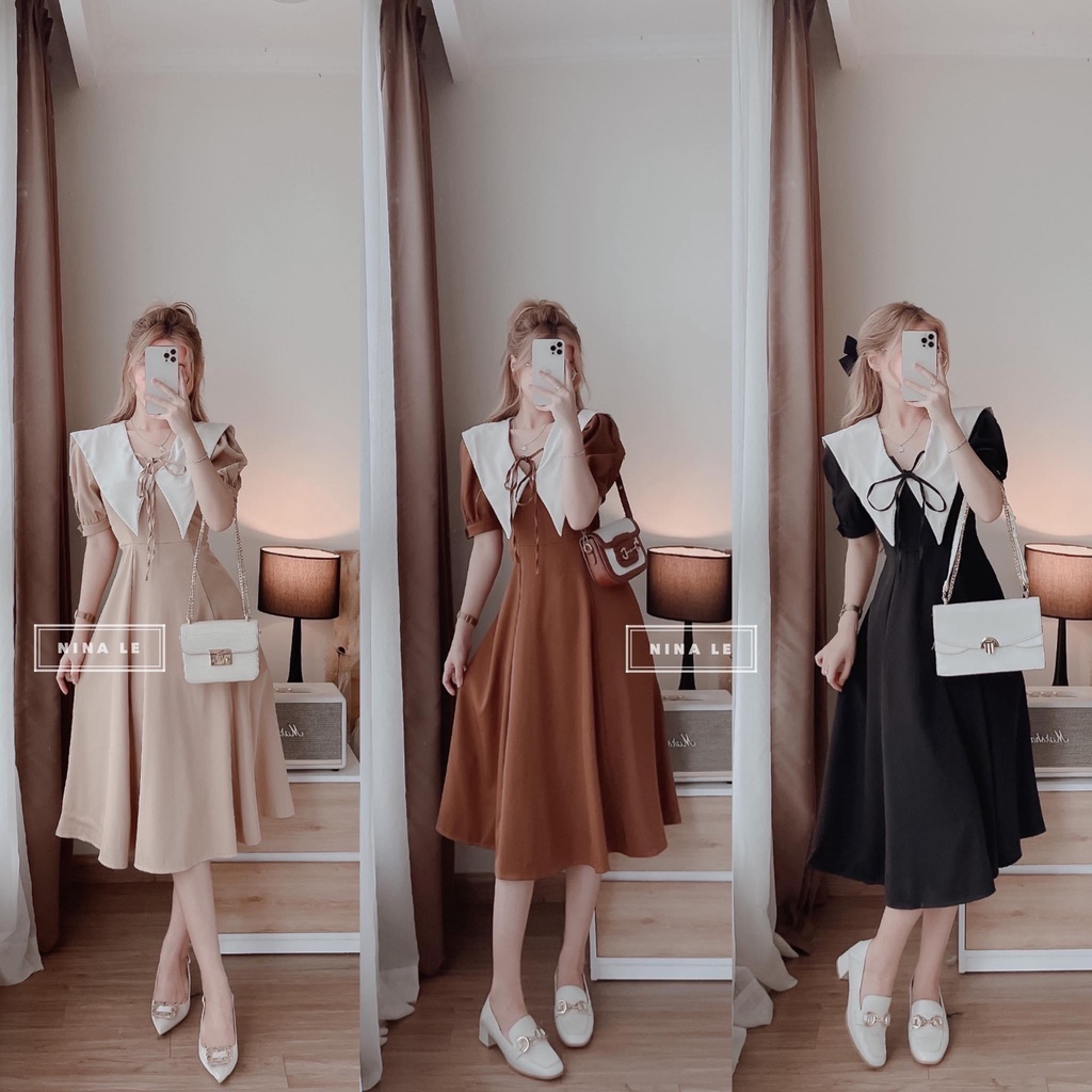 Đầm - Váy thô phối cổ vạt trắng thắt nơ dáng dài ulzzang