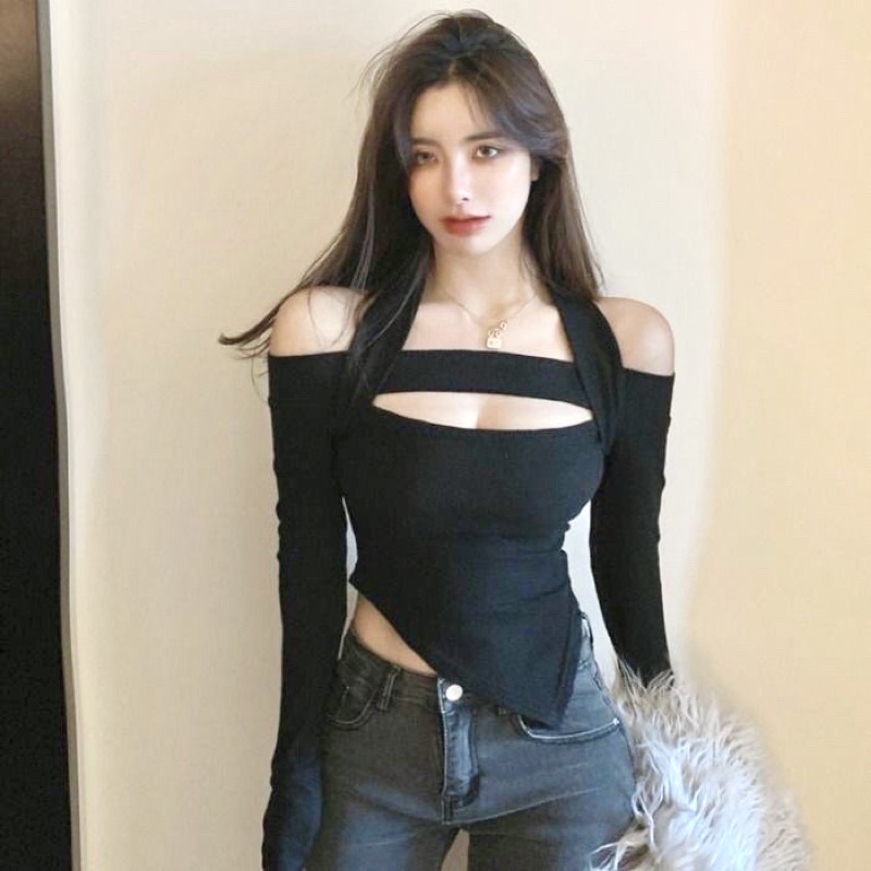 Áo kiểu tay dài bẹt vai khoét ngực siêu hot, phong cách sexy aloha
