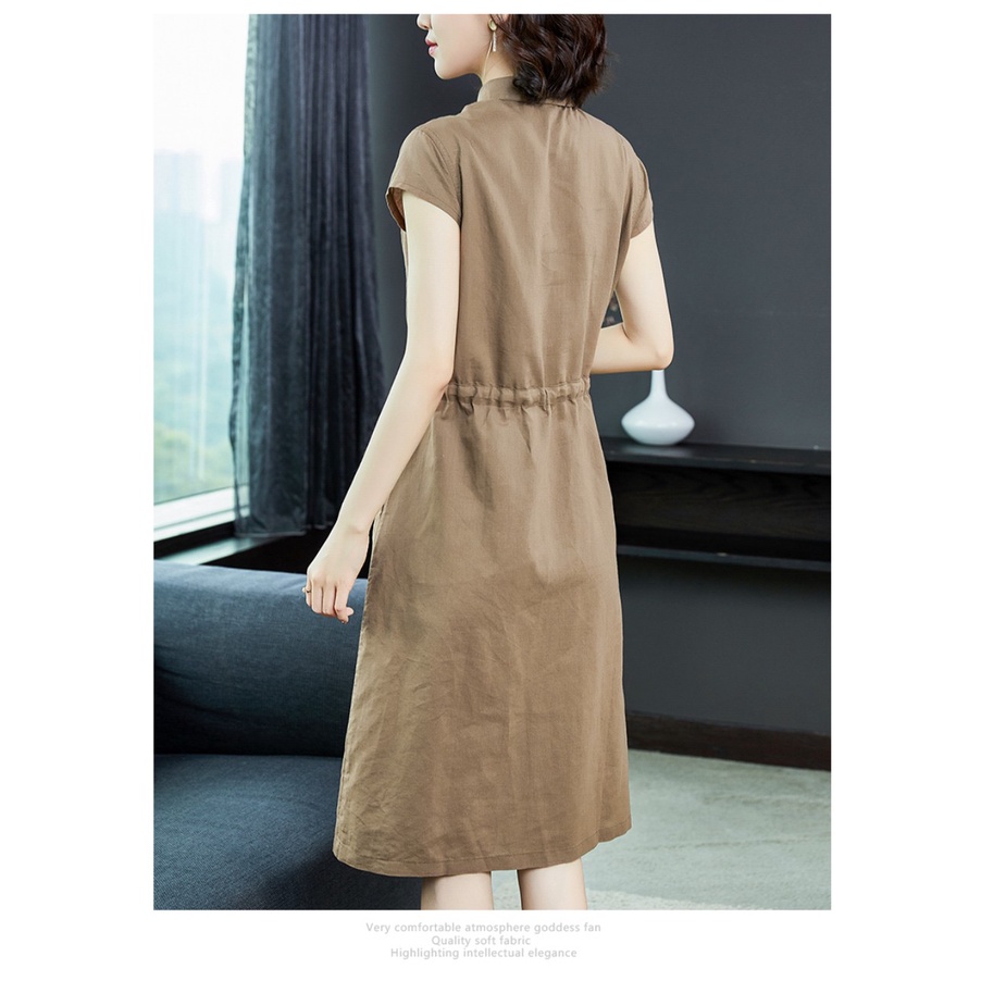 Đầm sơ mi nữ ngắn tay, Đầm linen nữ suông dài kèm dây eo tự chỉnh Da70