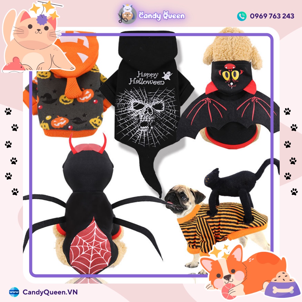 [Áo Hóa Trang Halloween Thú Cưng] ⚡ Bộ Sản Phẩm Chất Liệu ấm Có Nón Trùm Hình Cánh Dơi, Nhện Ngộ Nghĩnh Cho Chó Mèo
