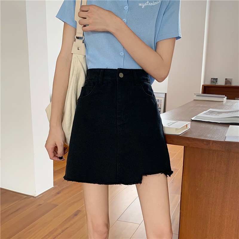 Xiaozhainv Chân váy chữ A lưng cao thiết kế bất đối xứng vải denim dành cho bạn nữ