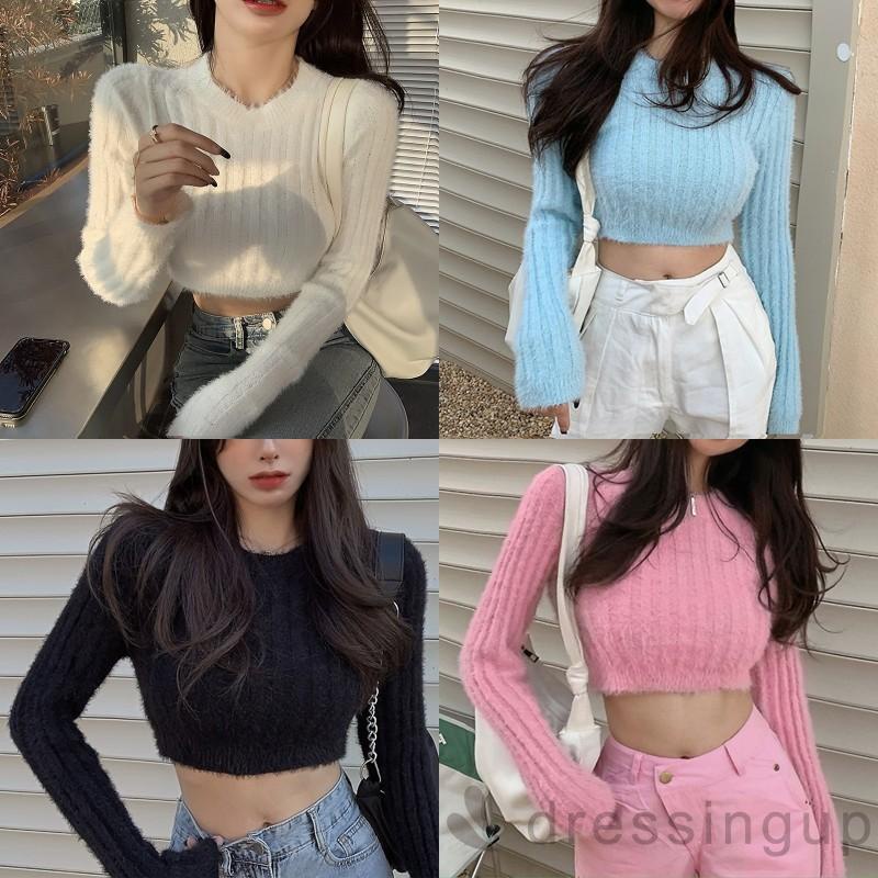 Áo croptop dệt kim cổ tròn tay dài màu trơn thời trang mùa xuân cho nữ