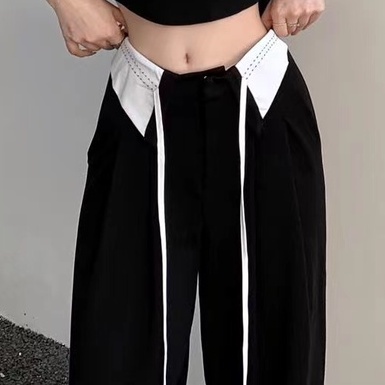 Quần Dài Lưng Cao Ống Rộng Màu Đen Phối Dây Rút Thời Trang Cá Tính Cho Nữ