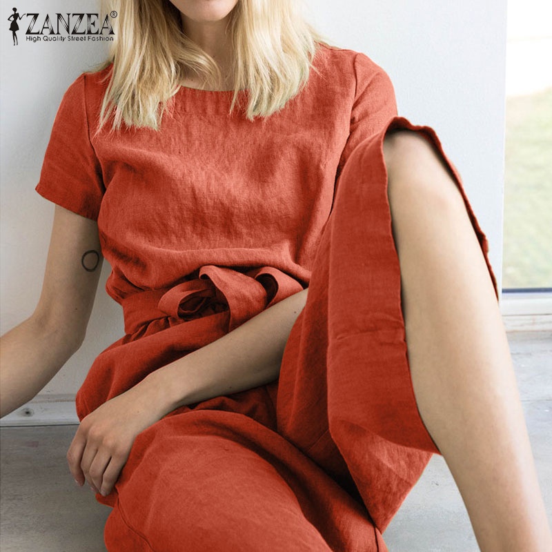 Áo liền quần ZANZEA ống rộng màu trơn có túi phong cách Châu Âu cho nữ
