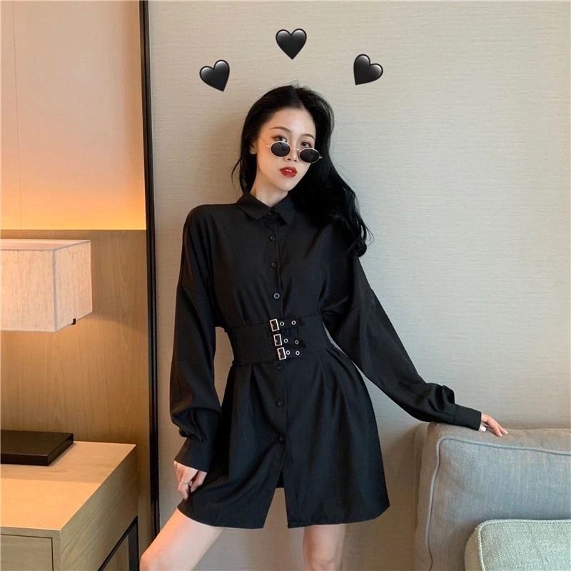 Váy Sơ Mi Giấu Quần Nữ Màu Trắng Đen Cổ Sơ Mi Cài Cúc Tặng Đai Dài Tay Suông Style Hàn Quốc Chất Loại 1 Hàng Quảng Châui