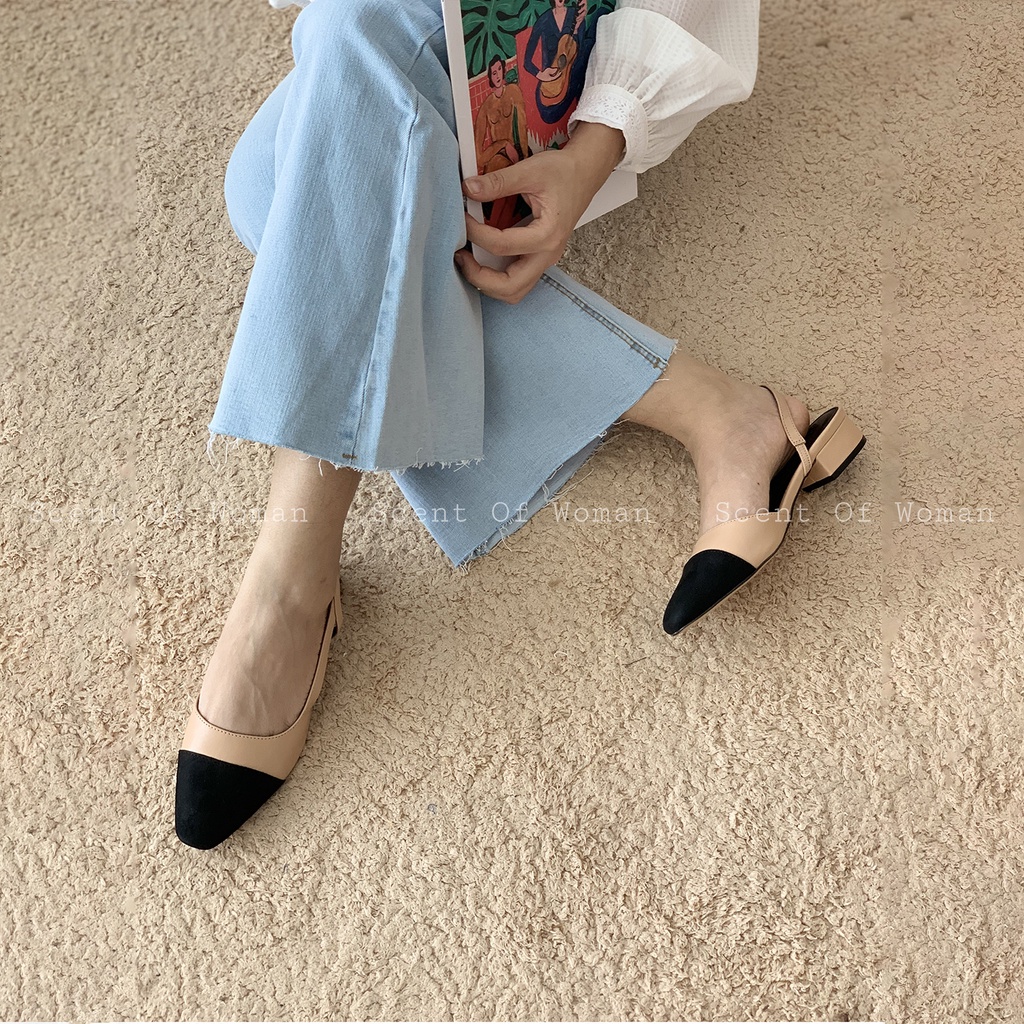 Giày nữ thấp gót dáng slingback thanh lịch mũi tròn gót vuông cao 2cm