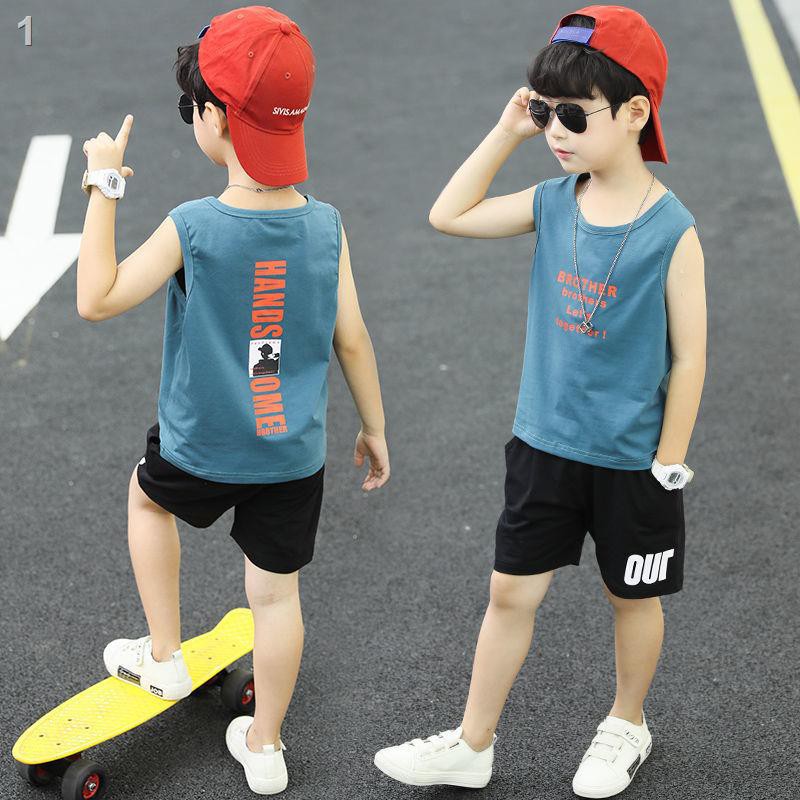 áo sơ mi trắng∋Summer Big Kids Hàn Quốc Áo sơ mi nam không tay phông cổ tròn trẻ em hoạt hình