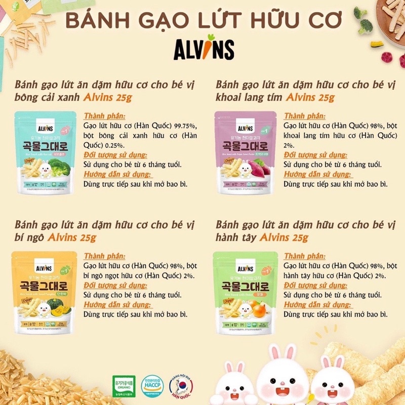 💦💦 BÁNH QUE ĂN DẶM GẠO LỨT HŨU CƠ ALVIN NỘI ĐỊA HÀN 25G CHO BÉ 5 THÁNG💦💦