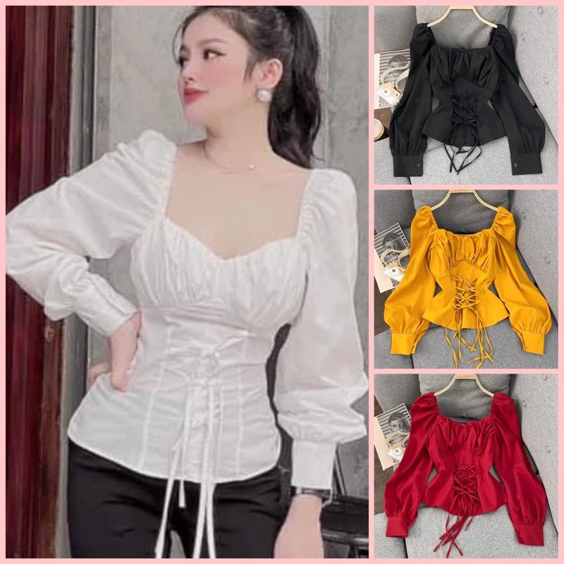 Áo sơmi tay dài cổ vuông đan thắt dây eo.