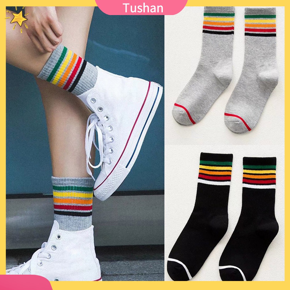 TUSH Unisex Fashion Cotton Rainbow Striped Print Elastic Sport Middle Tube Crew Socks