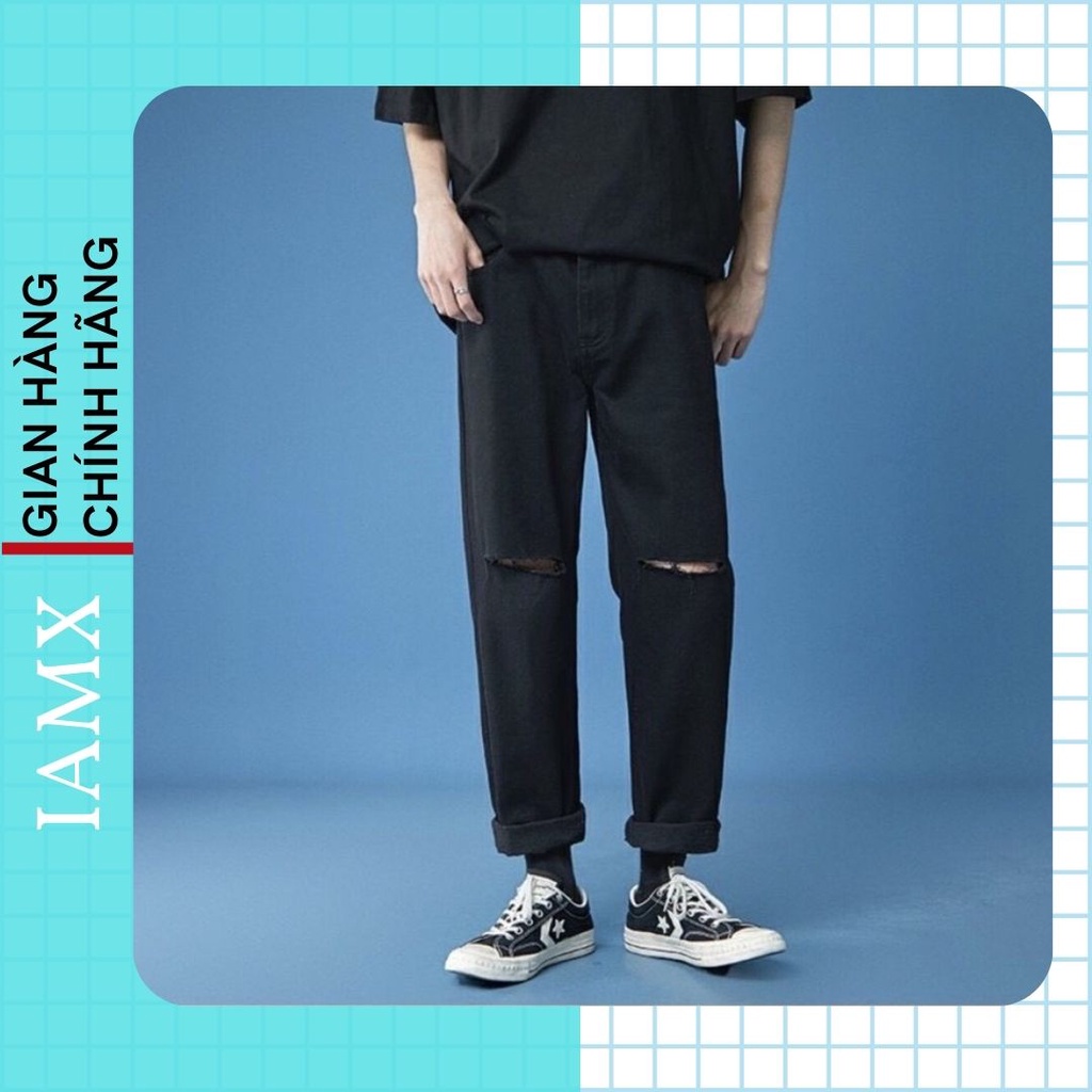 Quần jean nam đen rách gối, quần bò rách Baggy ống suông, rộng dáng đứng style Hàn Quốc