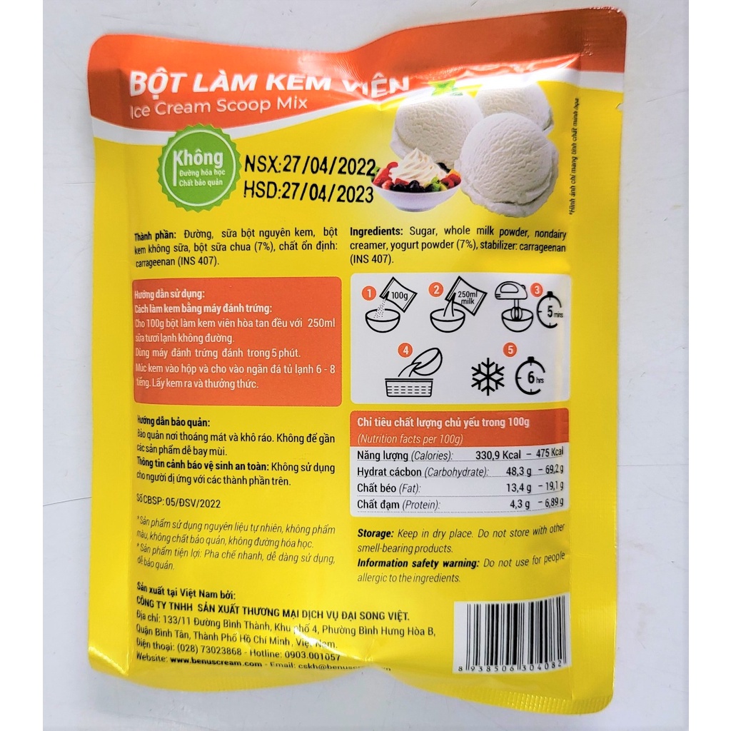 [Gói 100g – vị SỮA CHUA ] BỘT LÀM KEM VIÊN [VN] BENUSCREAM Yogurt Ice Cream Scoop Mix