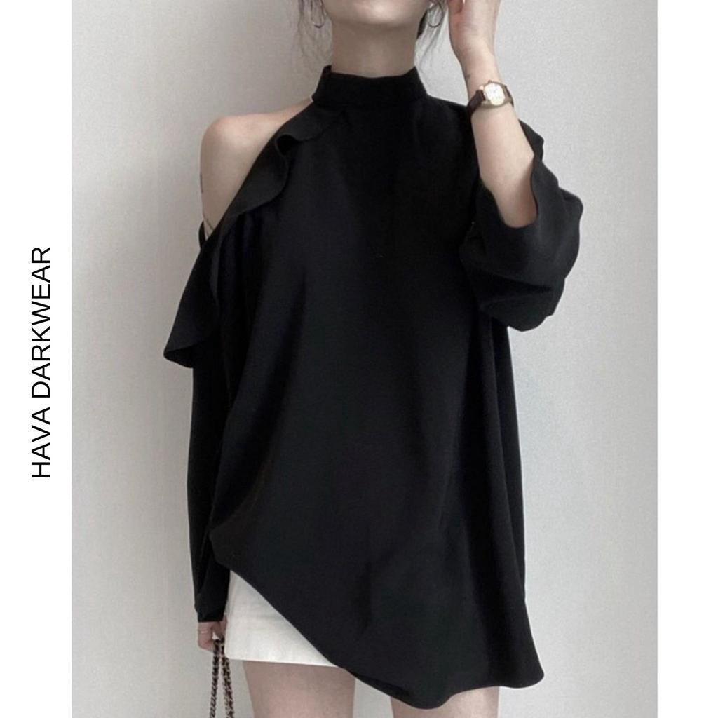 Áo cổ tàu đen khoét vai HAVADW chất trượt hàn mềm mát form suông rộng kèm dây thắt eo ASM61