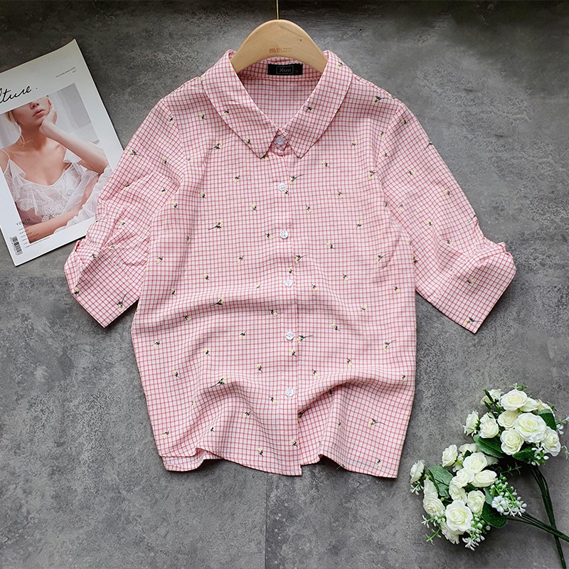 Áo sơ mi nữ công sở tay lỡ phối nơ Chunxuu, thời trang chất Kate cao cấp - BS07 caro hồng