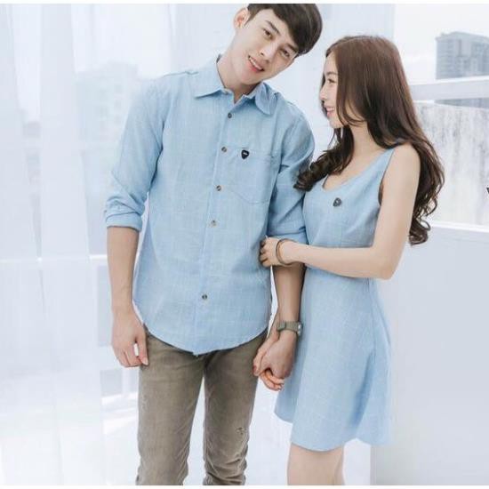 Đồ đôi nam nữ 🎀FREESHIP🎀 Áo đôi áo cặp váy sơ mi đẹp màu xanh AV26