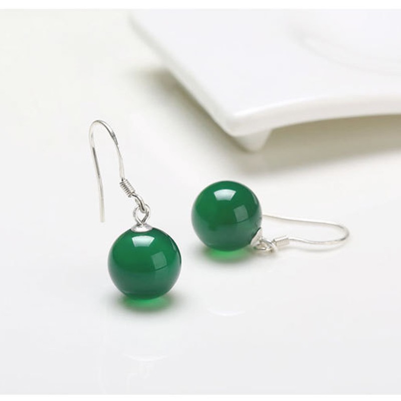 Bông tai bạc 925 dành cho phụ nữ màu xanh lá cây chalcedony ngọc bích móc tai đồ trang sức thời trang