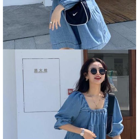 Đầm denim Cổ Vuông Tay Phồng Phong Cách Hàn Quốc Thời Trang Cho Nữ