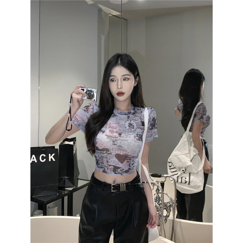 Cocory vn Áo Thun Croptop Tay Ngắn Dáng Ôm Vừa Vặn In Màu Nhuộm Retro Mỹ Dành Cho Bạn Gái