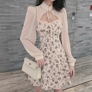 Đầm babydoll hoa xoè 2 dây + croptop sơmi voan hồng