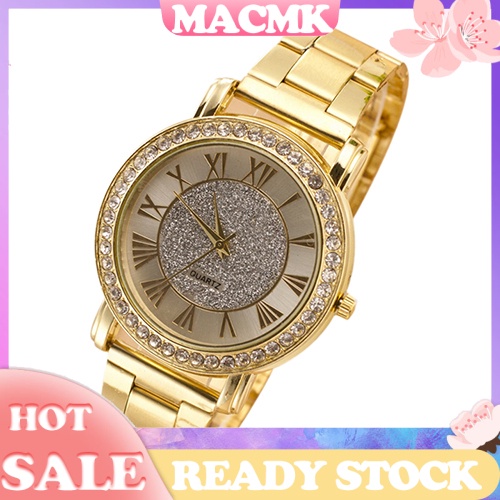 MACmk Men's Retro Golden Color Shiny Rhinestone Alloy Band Analog Quartz Wrist Watch