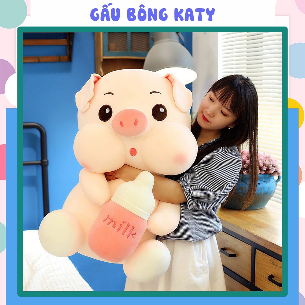 Gấu bông heo ôm bình sữa đáng yêu 80cm/60cm, Thú nhồi bông heo chất liệu 100% bông gòn vải nhung siêu mềm mịn
