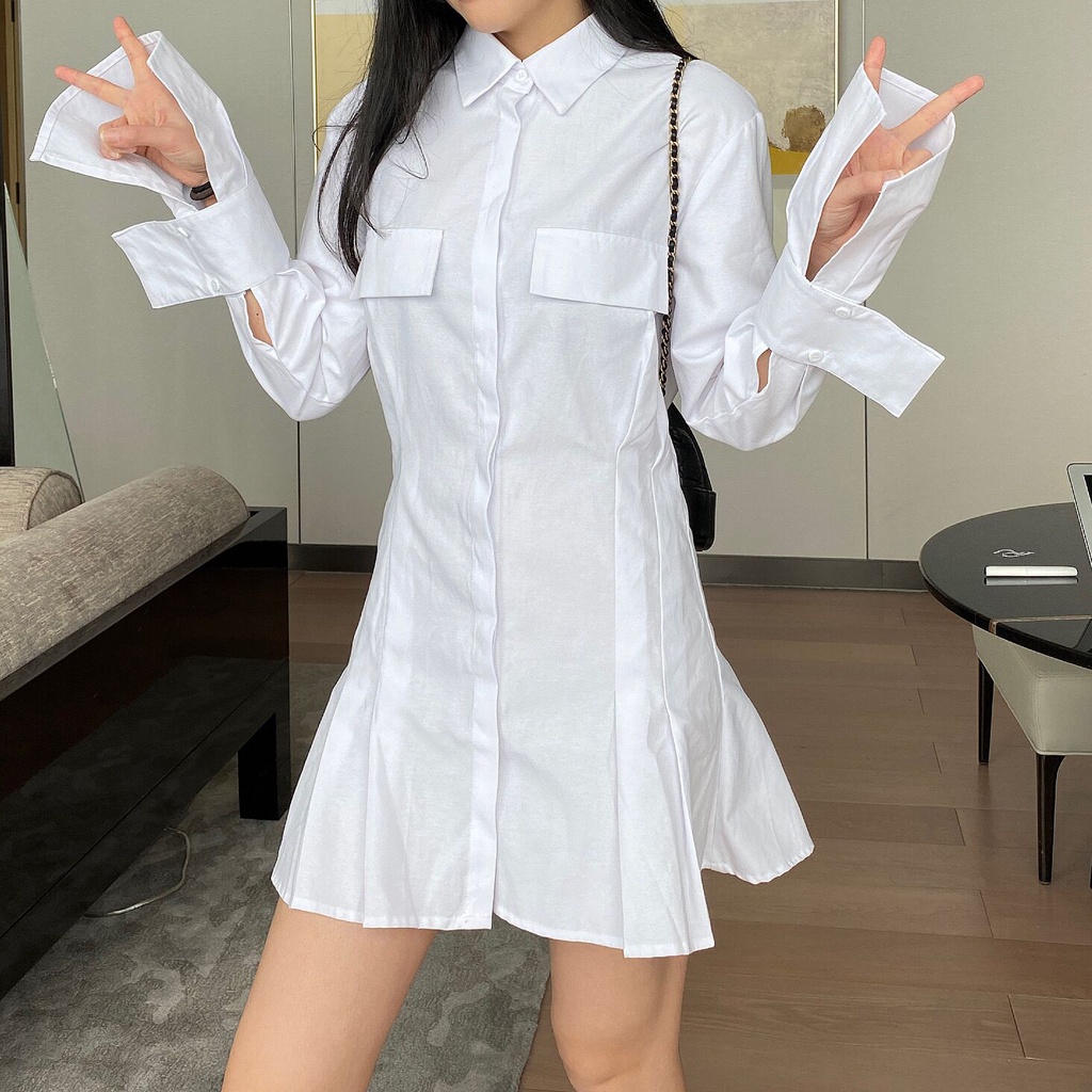 Váy trắng sơ mi thiết kế xếp li cổ nhọn thời trang Becky