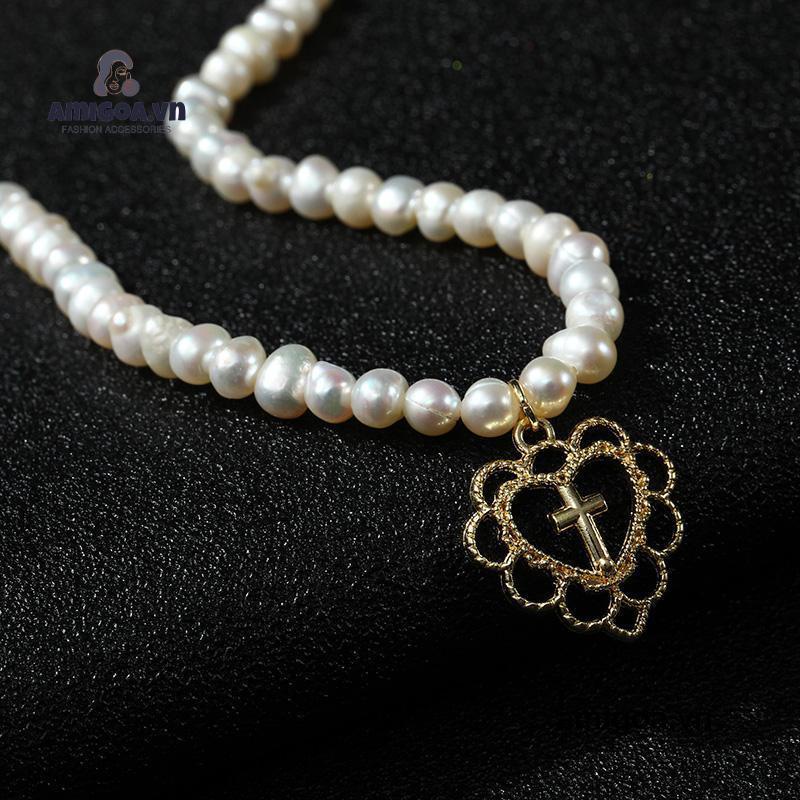 ✨✨Vòng cổ chuỗi hạt ngọc trai giả mặt dây hình trái tim đính đá giả thời trang sang trọng cho nữ