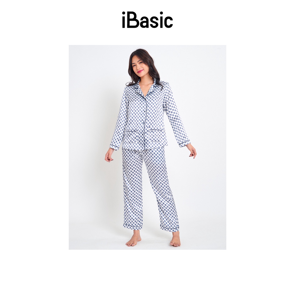 Bộ pyjama nữ lụa Satin dài hoạ tiết icon iBasic HOMW029T và HOMW029B