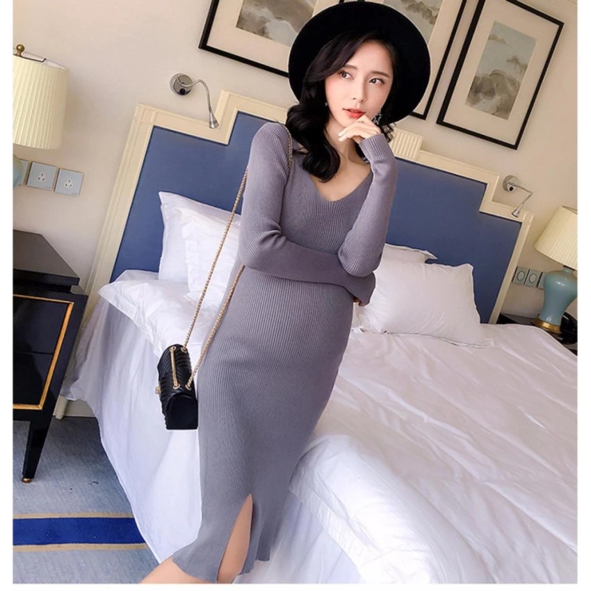 Đầm Bầu Thu Đông - Váy Len Ôm Cổ Tim (Ghi)