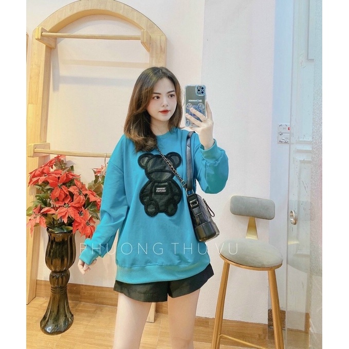 Áo nỉ sweater hoodie gấu thêu nổi loại 1 hình thật màu xanh