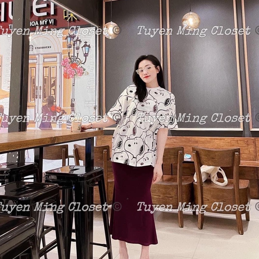 Set áo phông chú chó chân váy midi đỏ xòe đuôi cá TH185