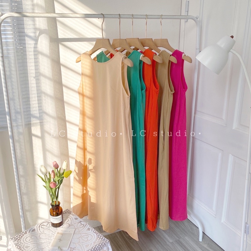 Váy maxi ba lỗ sát nách khoét lưng sâu dáng xoè rộng rãi chất đũi thoáng mát mùa hè nhiều màu pastel nổi bật hàn quốc