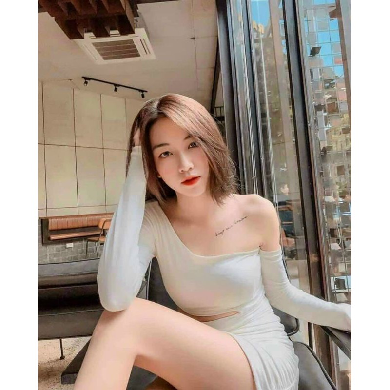 Đầm body trễ vai kiểu khoét eo thun Borip bao chất Free Size dưới 53kg dành cho nữ sexy gợi cảm