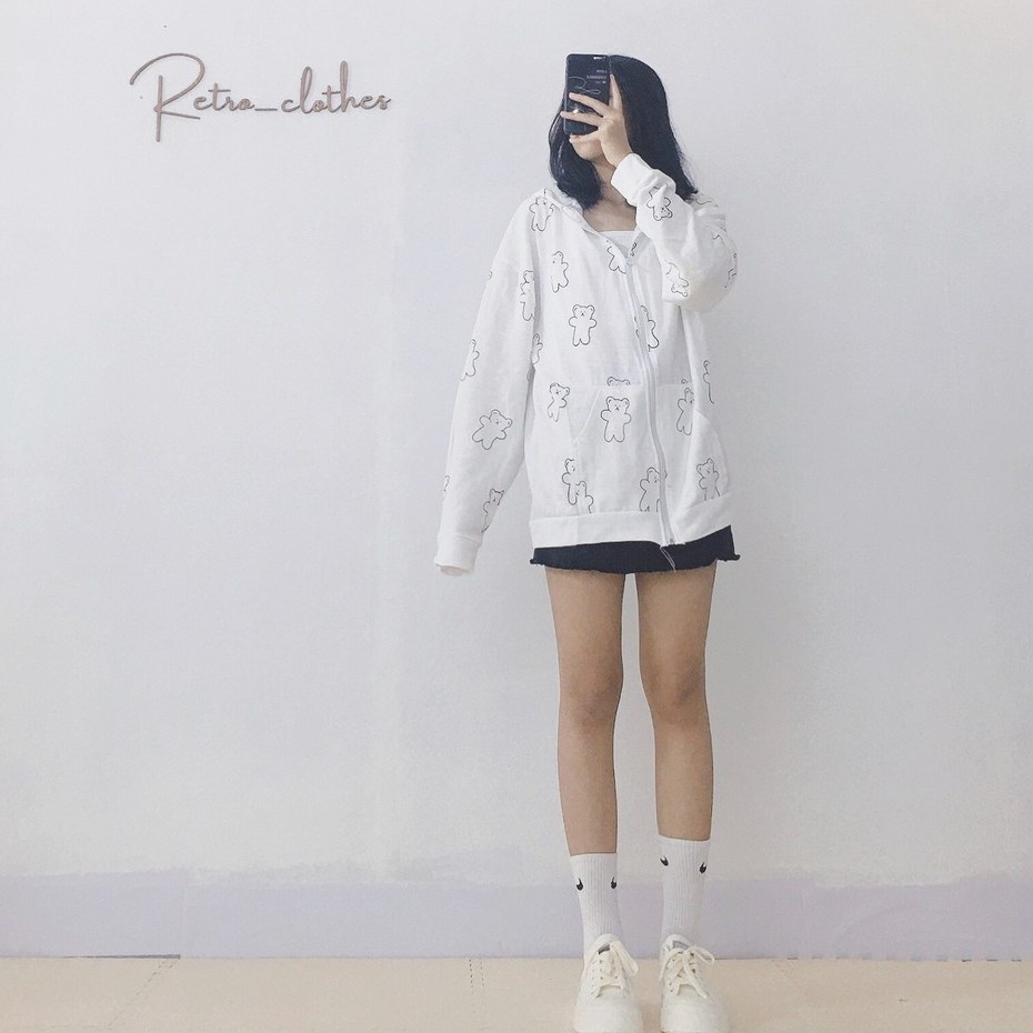 🍂 [Ảnh thật/Tự chụp] Áo khoác nỉ nữ hình gấu form rộng nỉ bông cute dễ thương màu be Hàn Quốc | BigBuy360 - bigbuy360.vn