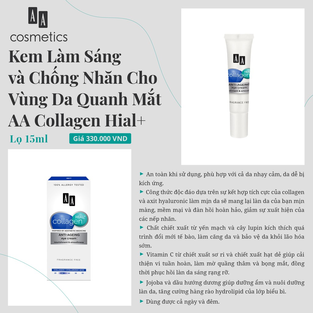 Kem làm sáng và trẻ hóa vùng da quanh mắt AA Cosmetics Collagen Hial tuýp 15ml