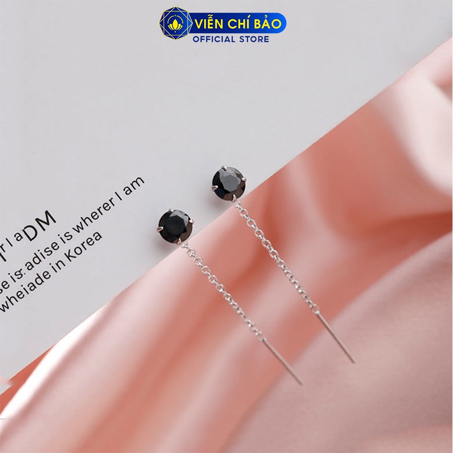 Bông tai bạc nữ đính đá đen dây xích bạc 925 thời trang phụ kiện trang sức Viễn Chí Bảo B000153x